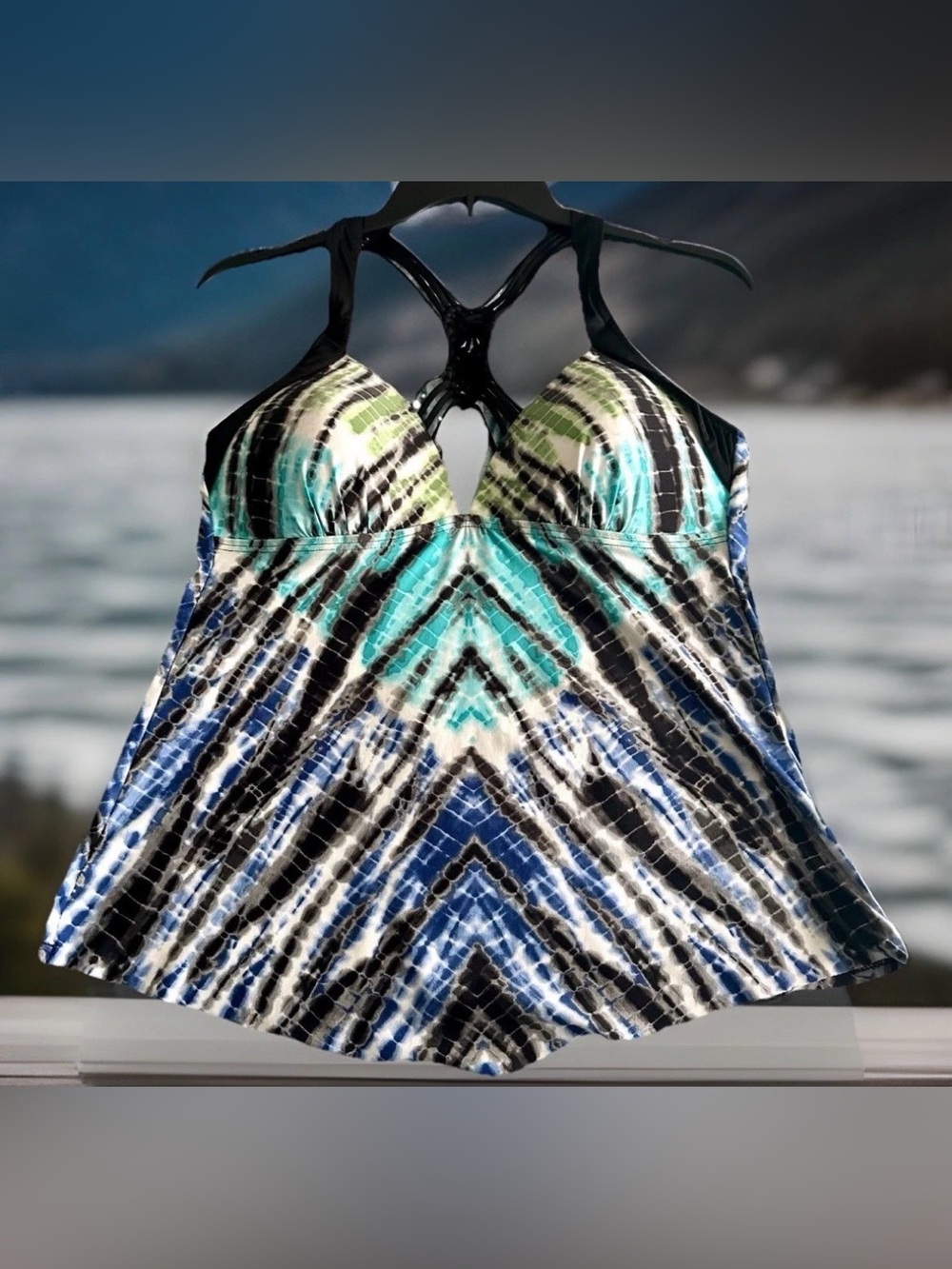 Apt 9 Women Sz Large Swim Tankini Top Tie Dye Turquoise Blue Macrame Halter Top